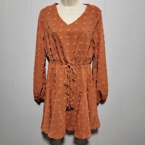 Kirundo Womens Swiss Dot Mini Dress Rust Orange Long Sleeve V-Neck Tiered Small‎